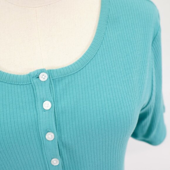A.N.A. Teal 2XL Crew Neck Button Ribbed Cotton Rayon Spandex Top Blouse‎ - Picture 2 of 8